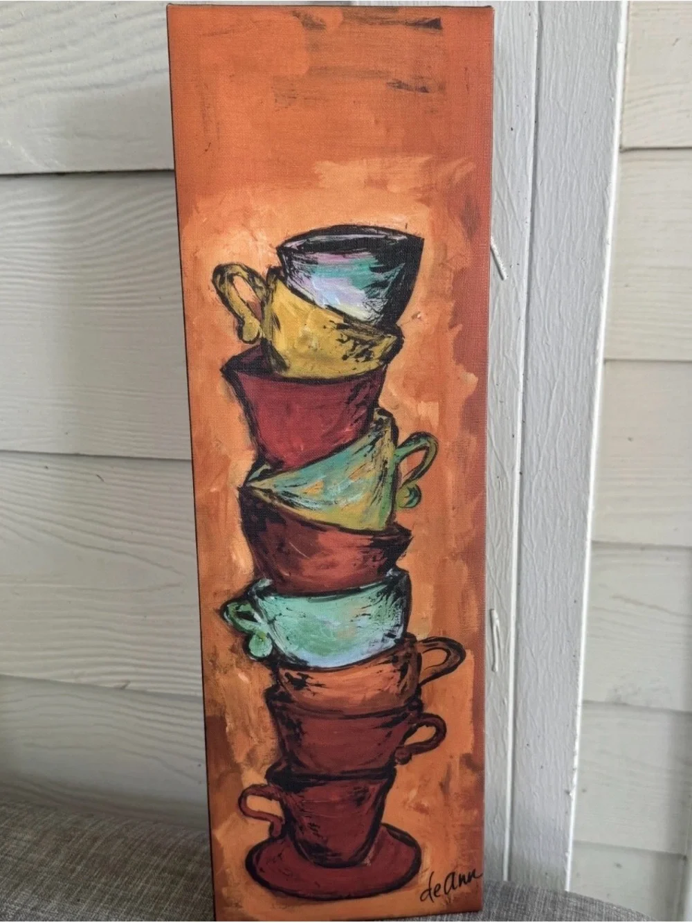 Deann Herbert Original Oil Palette, orange 6 tea cups stacked, signed